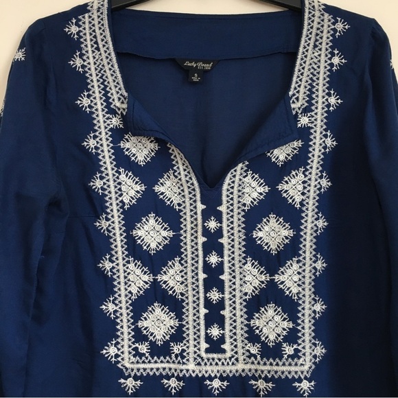 Lucky Brand Boho Embroidered Navy Blue 3/4 Long Sleeve Blouse Tunic - Picture 3 of 16